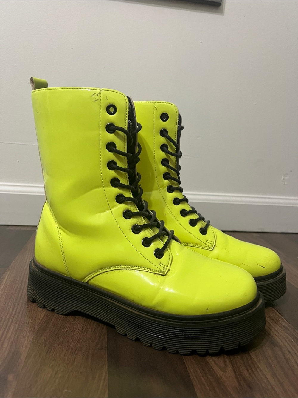 Rave Neon Yellow Lace-Up Platform Combat Boots - Women's